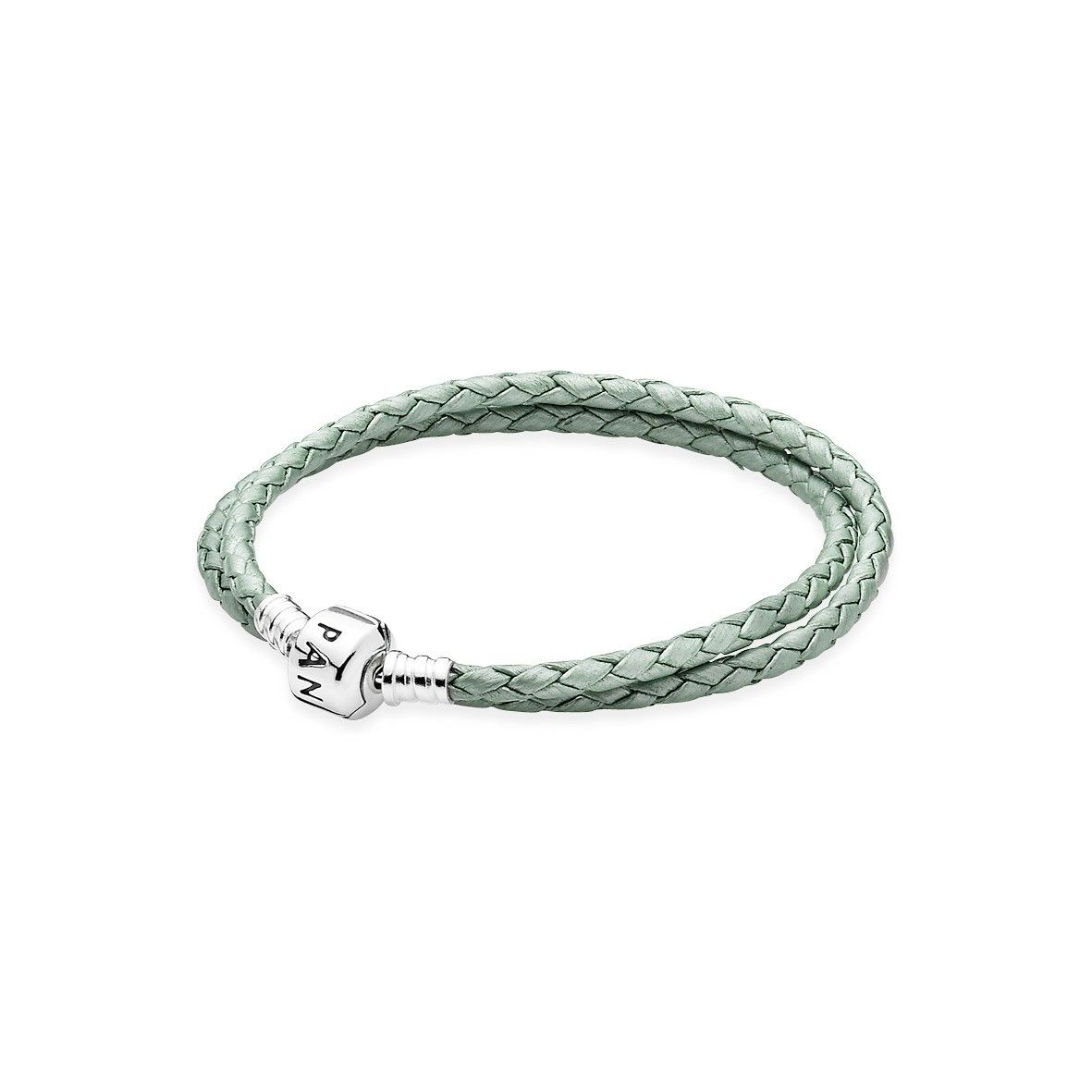 Silver leather bracelet double, shiny light green
