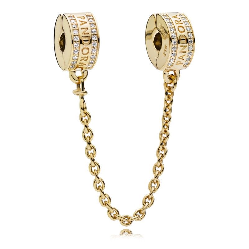 14k gold-plated logo safety chain with clear cubic zirconia and silicone grip