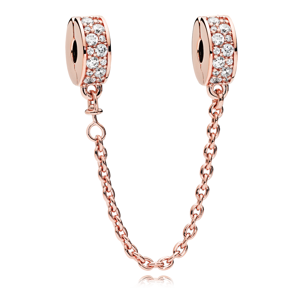14k rose gold-plated safety chain with clear cubic zirconia and silicone grip