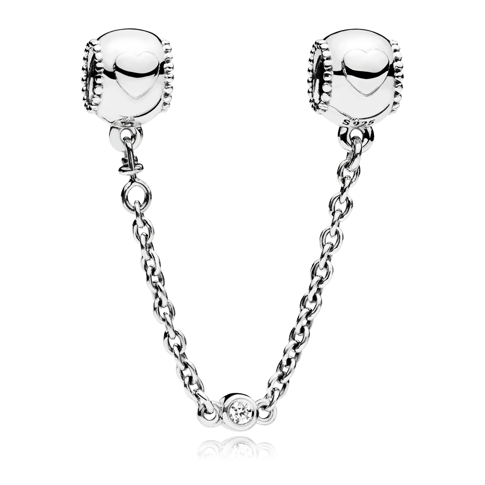 Hearts silver safety chain with clear cubic zirconia