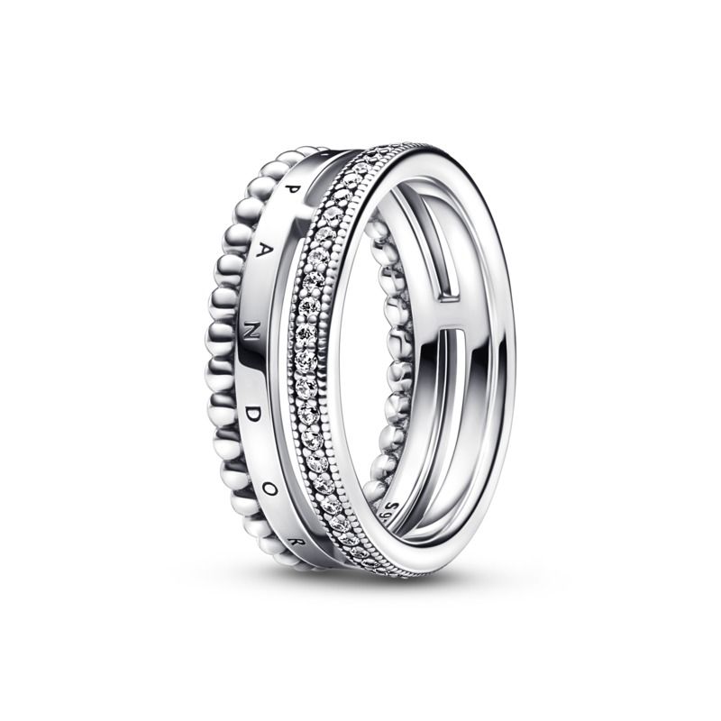 Pandora logo sterling silver ring with clear cubic zirconia