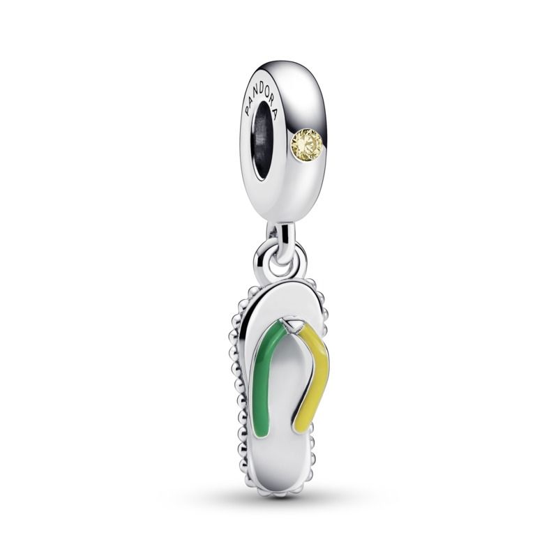 Flip flop sterling silver dangle with yellow cubic zirconia, green and yellow enamel