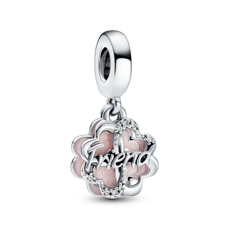 Friend sterling silver dangle with clear cubic zirconia and glittery pink enamel